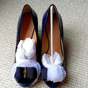 Tory Burch Open Toe Wedge-Soft Patent Calf